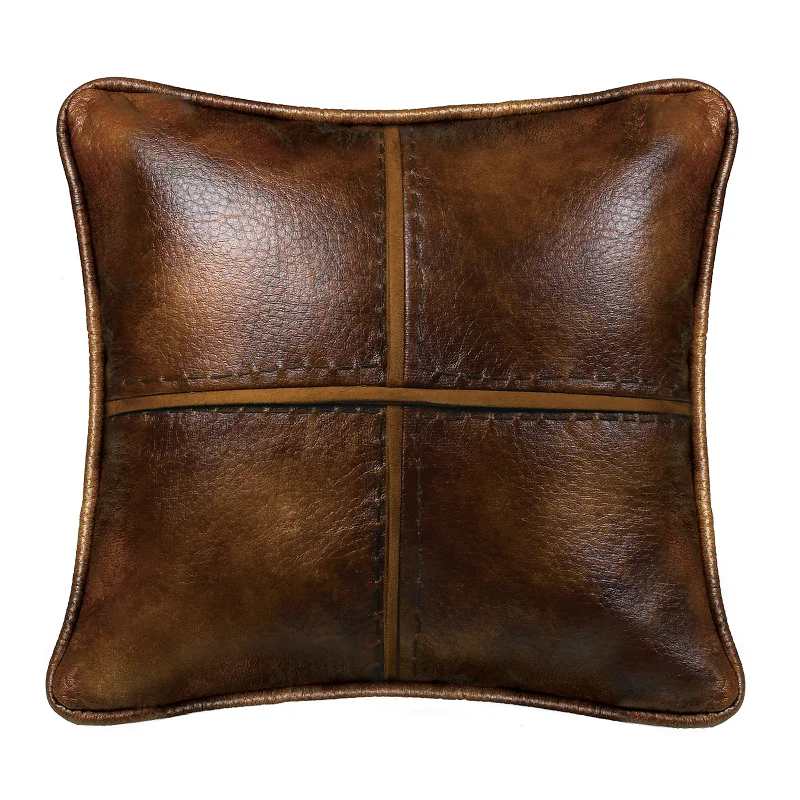 HiEnd Accents Cross Stitched Pillow Features Faux Leather with Hand Stitched Details