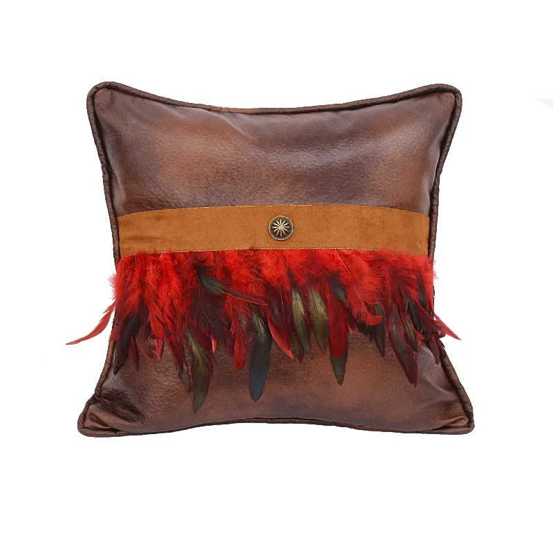 HiEnd Accents Faux leather pillow w red feathers and concho