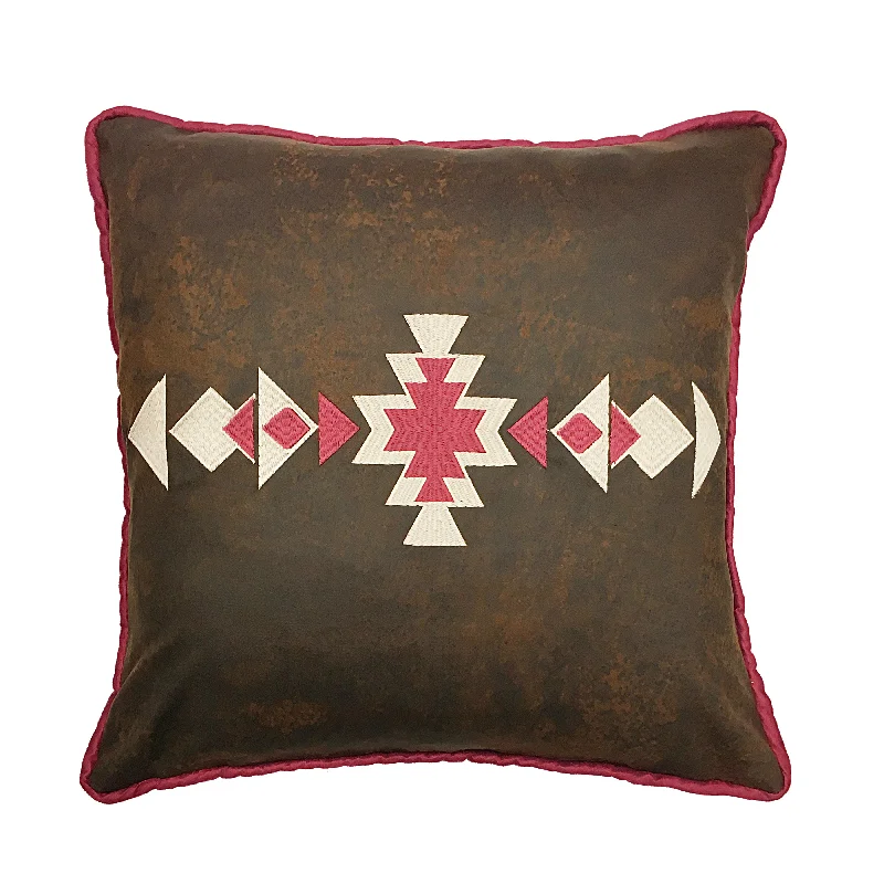 HiEnd Accents Faux leather pillow w southwestern embroidery