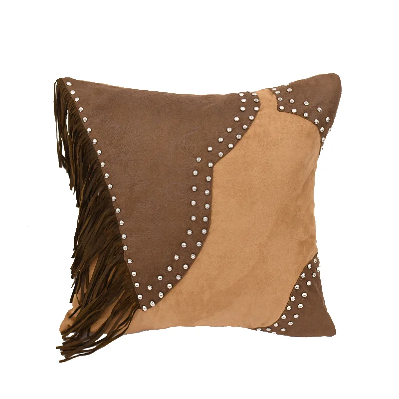 HiEnd Accents Pieced faux leather pillow w studs and fringe