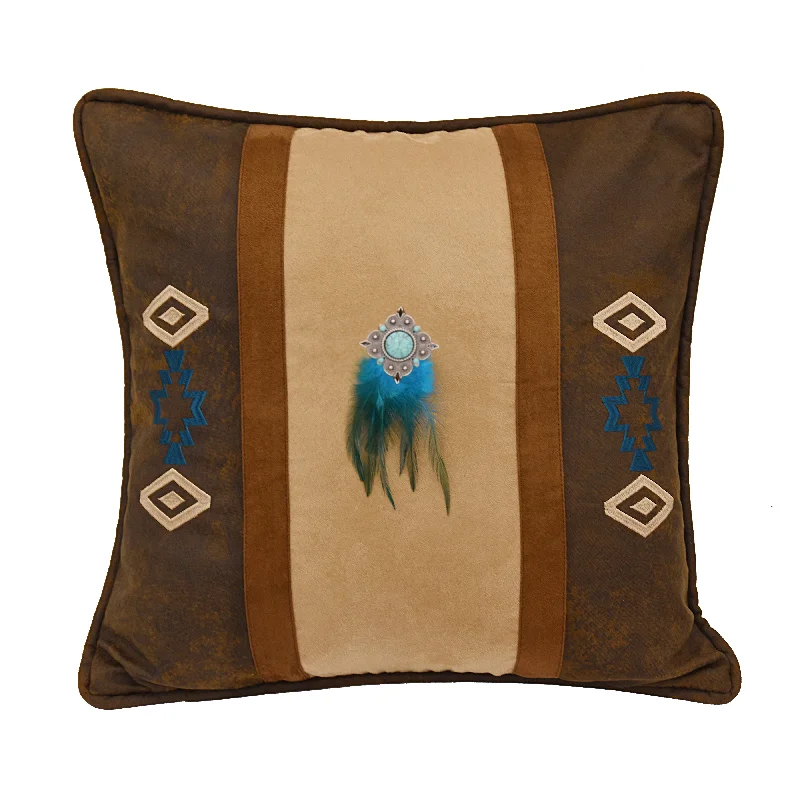 HiEnd Accents Southwest embroidered faux suede pillow w feathers