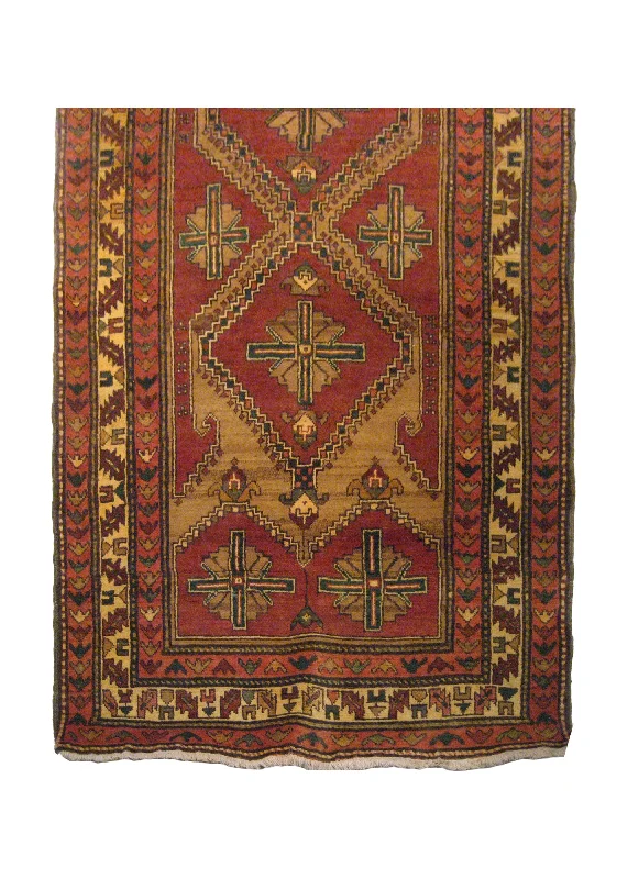 Caucasian Rug Azerbaijan Handmade Runner Tribal 3'10"x13'3" (4x13) Red Whites/Beige Geometric Design #A19637