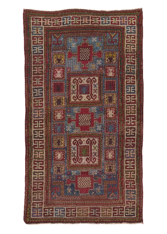 Caucasian Rug Kazak Handmade Area Antique Tribal 4'6"x8'0" (5x8) Blue Red Geometric Design #28823