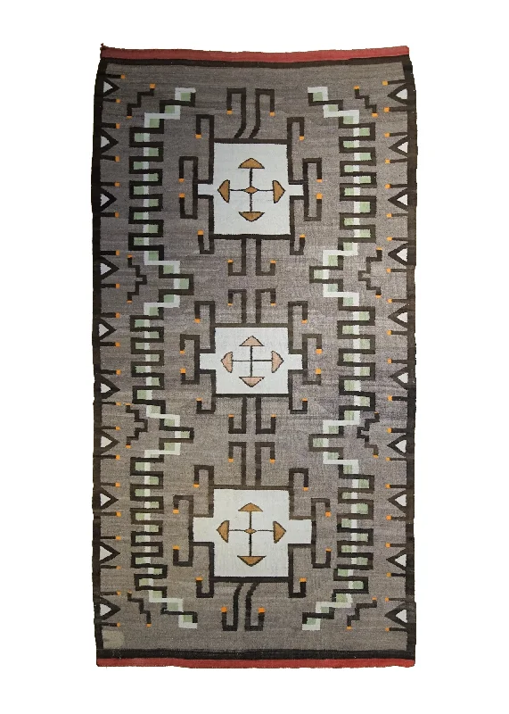 Native American Rug Navajo Handmade Area Antique Traditional 4'2"x7'11" (4x8) Green Whites/Beige Geometric Design #A34146