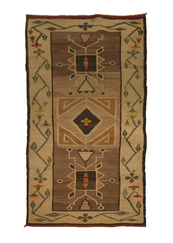 Native American Rug Navajo Handmade Runner Tribal Antique 2'2"x6'7" (2x7) Brown Whites/Beige Green Storm Geometric Design #A18734