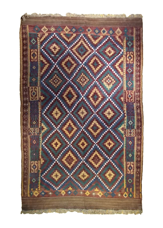 Oriental Rug Afghan Handmade Area Tribal Vintage 8'11"x13'9" (9x14) Green Blue Red Kilim Geometric Design #A34400