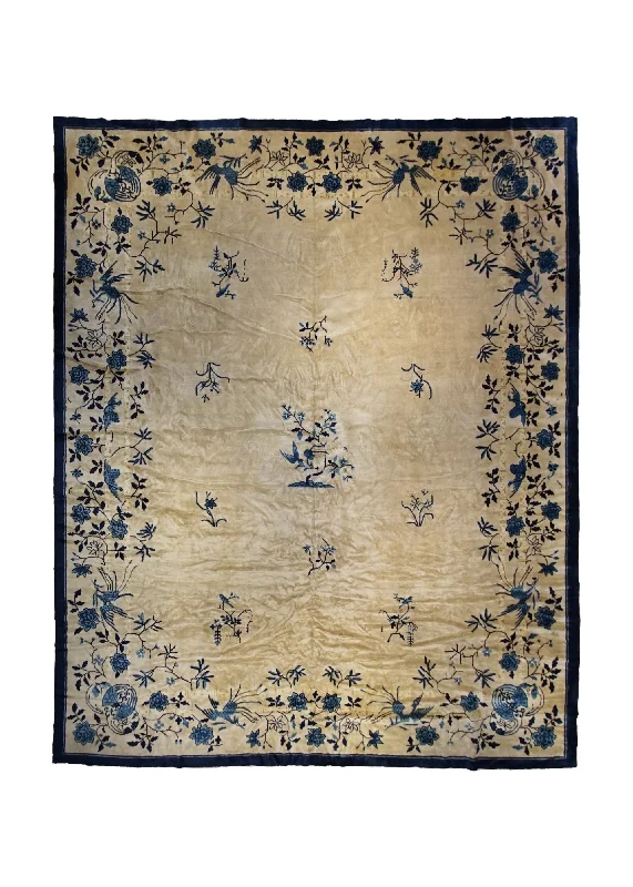 Oriental Rug Chinese Handmade Area Antique Traditional 12'1"x14'4" (12x14) Whites/Beige Blue Peking Floral Design #A34457