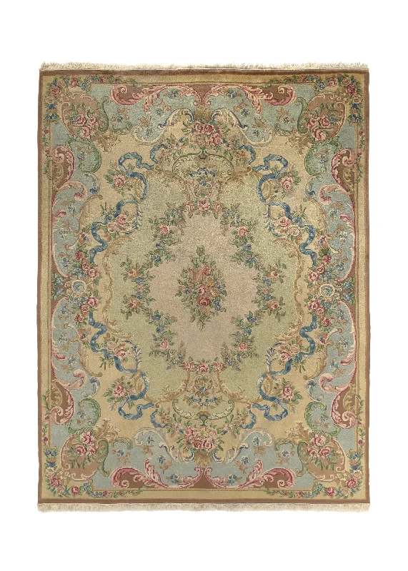 Oriental Rug Indian Handmade Area Traditional 8'0"x10'0" (8x10) Whites/Beige Floral Carved Design #32707