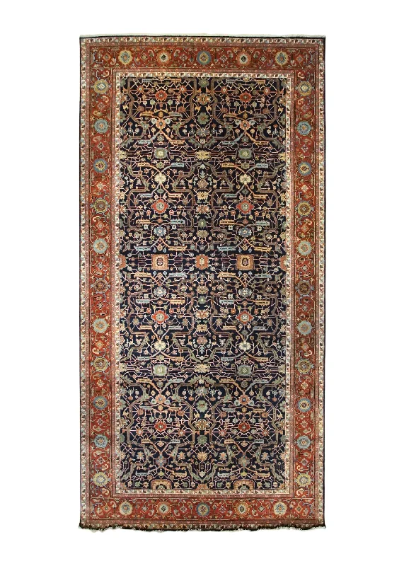 Oriental Rug Indian Handmade Area Traditional 8'0"x15'11" (8x16) Red Black Geometric Mahal Design #A34420