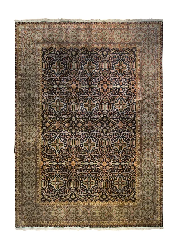 Oriental Rug Indian Handmade Area Transitional 10'0"x13'8" (10x14) Black Green Tea Washed Floral Jaipur Design #A34421