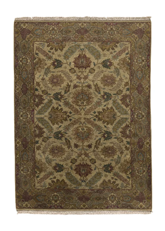 Oriental Rug Indian Handmade Area Transitional 5'0"x7'0" (5x7) Green Whites/Beige Jaipur Floral Design #33833