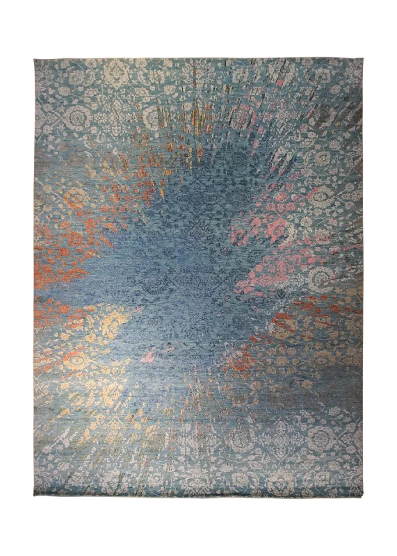 Oriental Rug Indian Handmade Area Transitional 8'11"x11'9" (9x12) Gray Multi-color Abstract Erased Design #A34414