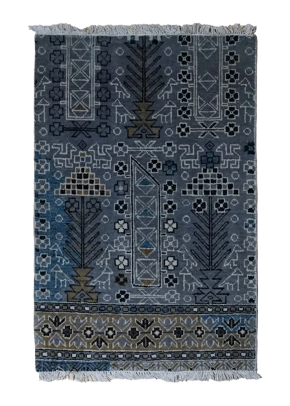 Oriental Rug Indian Handmade Area Transitional Tribal 2'0"x3'1" (2x3) Blue Geometric Design #A34533