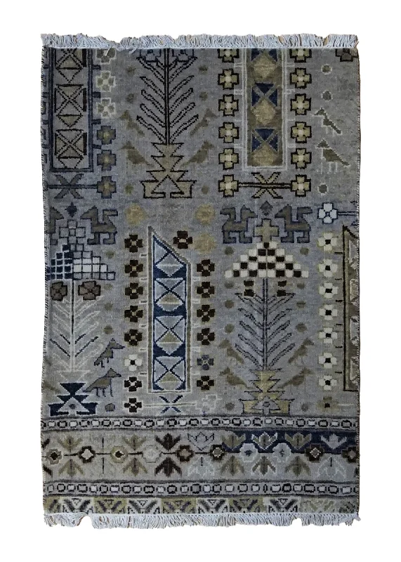 Oriental Rug Indian Handmade Area Transitional Tribal 2'1"x3'1" (2x3) Blue Gray Geometric Design #A34536