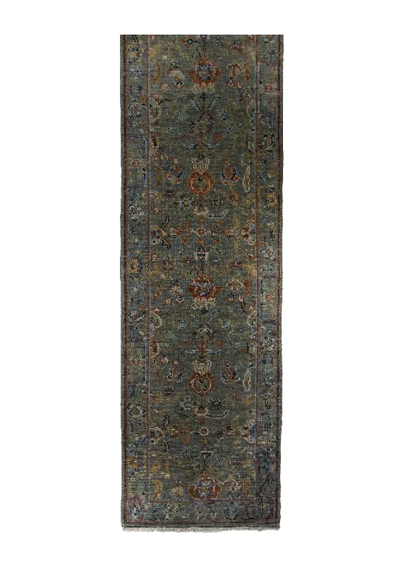 Oriental Rug Indian Handmade Area Transitional Tribal 2'7"x9'11" (3x10) Green Geometric Heriz Design #A34455