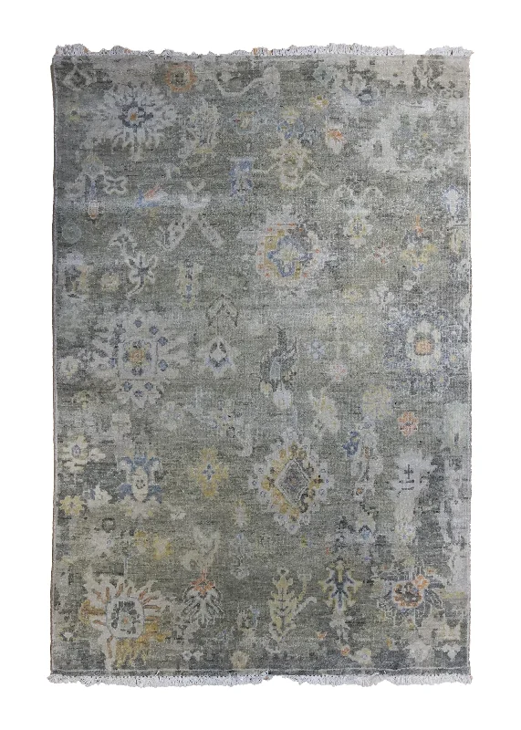 Oriental Rug Indian Handmade Area Transitional Neutral 4'0"x5'11" (4x6) Whites/Beige Gray Oushak Design #A34434