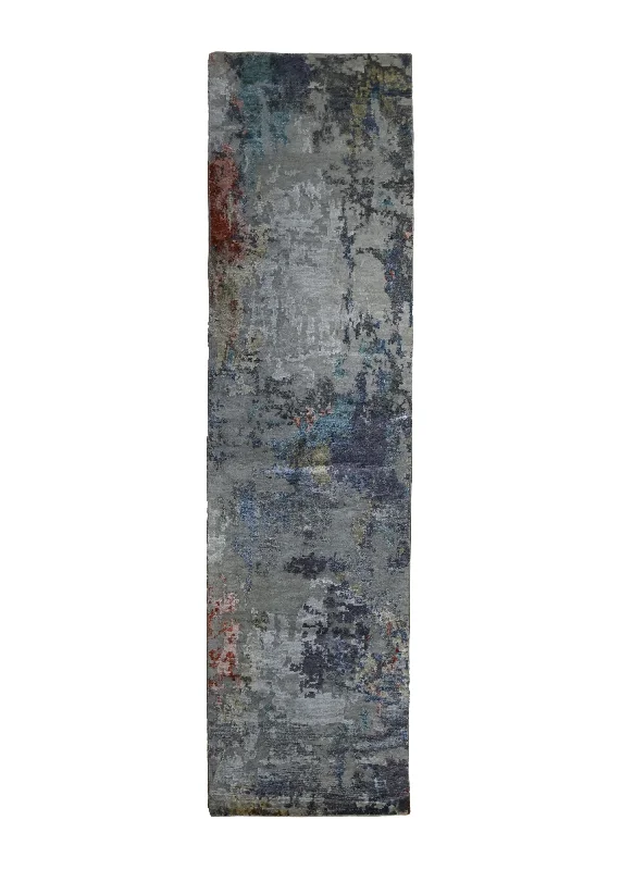 Oriental Rug Indian Handmade Runner Modern 2'7"x10'2" (3x10) Gray Abstract Splatter Design #A34672