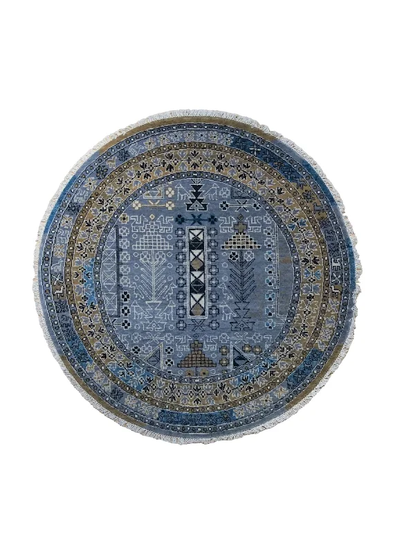 Oriental Rug Indian Handmade Round Transitional Tribal 4'1"x4'1" (4x4) Blue Geometric Design #A34561