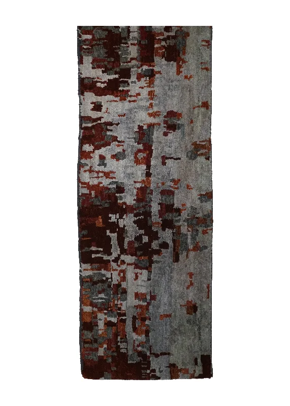 Oriental Rug Indian Handmade Runner Modern 1'11"x11'9" (2x12) Red Gray Abstract Splatter Design #A32125