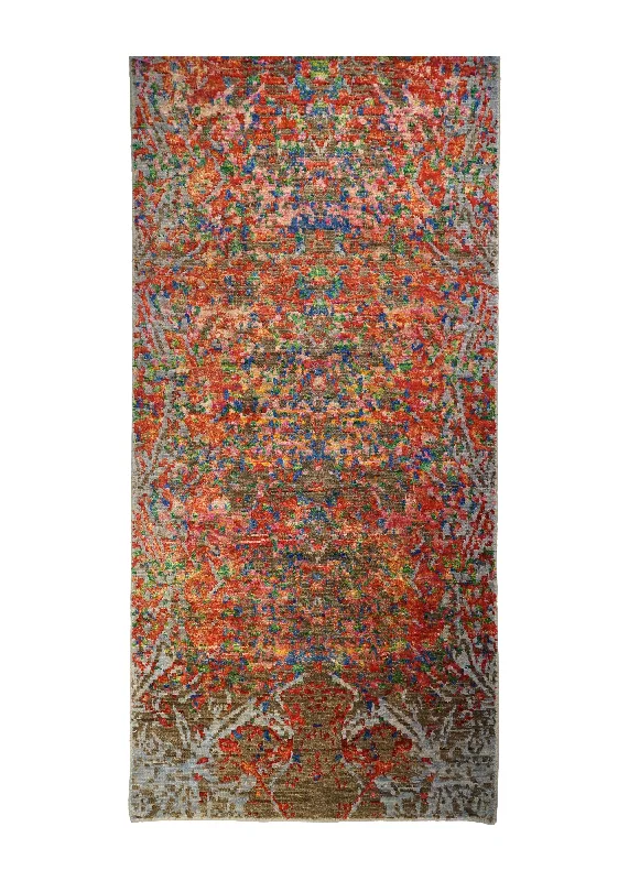 Oriental Rug Indian Handmade Runner Modern 4'1"x16'3" (4x16) Orange Multi-color Geometric Erased Abstract Design #A31801