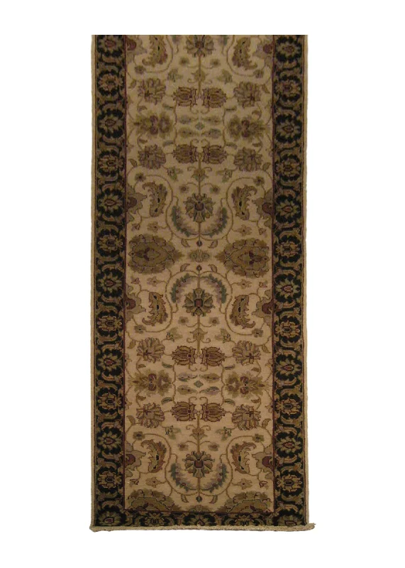 Oriental Rug Indian Handmade Runner Traditional 2'7"x12'0" (3x12) Whites/Beige Black Tea Washed Design #A19839