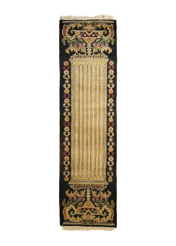 Oriental Rug Indian Handmade Runner Transitional 1'6"x5'9" (2x6) Black Yellow/Gold Tea Washed Design #A18512