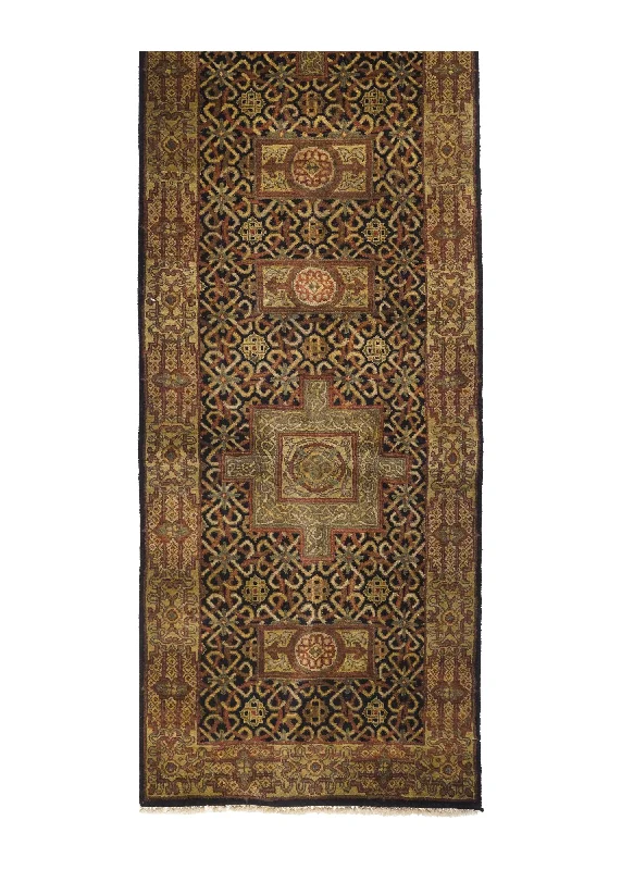 Oriental Rug Indian Handmade Runner Transitional 2'7"x12'0" (3x12) Black Yellow/Gold Green Tea Washed Design #A18525