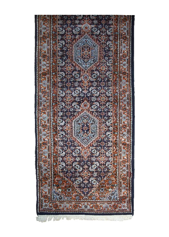 Oriental Rug Indian Handmade Runner Transitional 2'6"x11'11" (3x12) Blue Red Herati Geometric Design #A31202