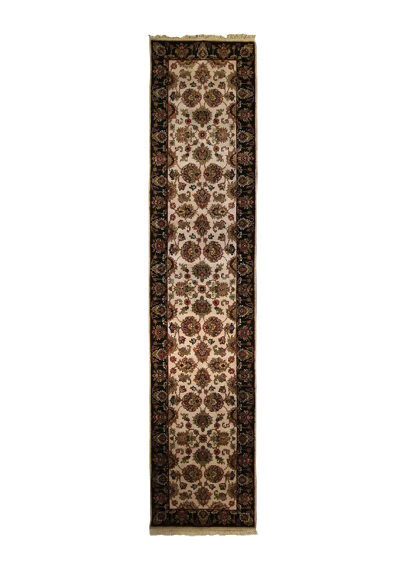 Oriental Rug Indian Handmade Runner Transitional 2'7"x12'2" (3x12) Whites/Beige Black Yellow/Gold Tea Washed Design #A18753