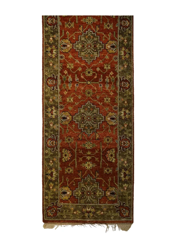 Oriental Rug Indian Handmade Runner Transitional 2'7"x7'11" (3x8) Red Brown Geometric Design #A31515