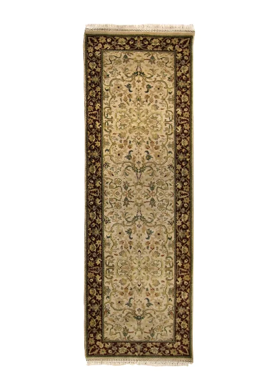 Oriental Rug Indian Handmade Runner Transitional 2'6"x7'11" (3x8) Whites/Beige Red Green Tea Washed Floral Design #A18408