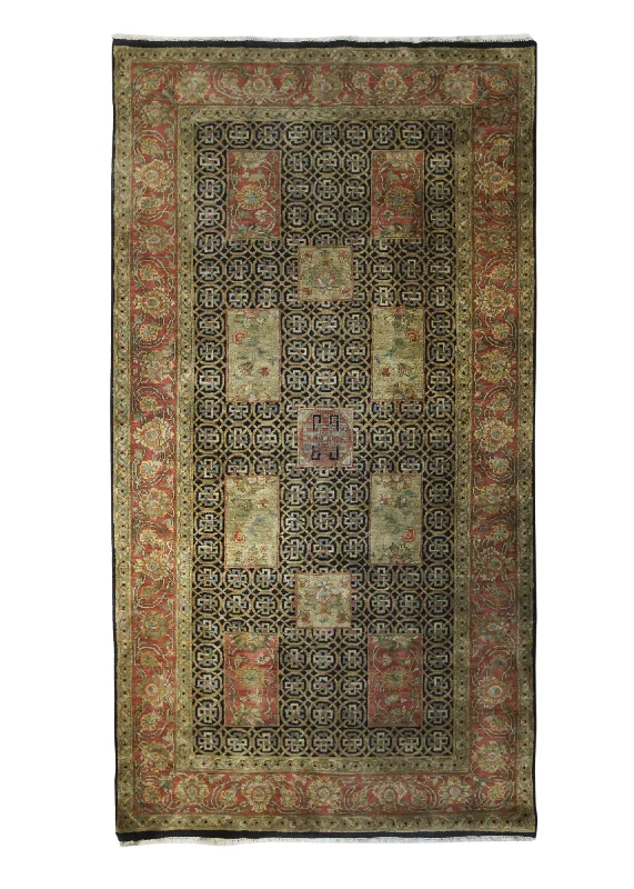 Oriental Rug Indian Handmade Runner Transitional 5'0"x9'8" (5x10) Black Red Green Tea Washed Floral Design #A31846