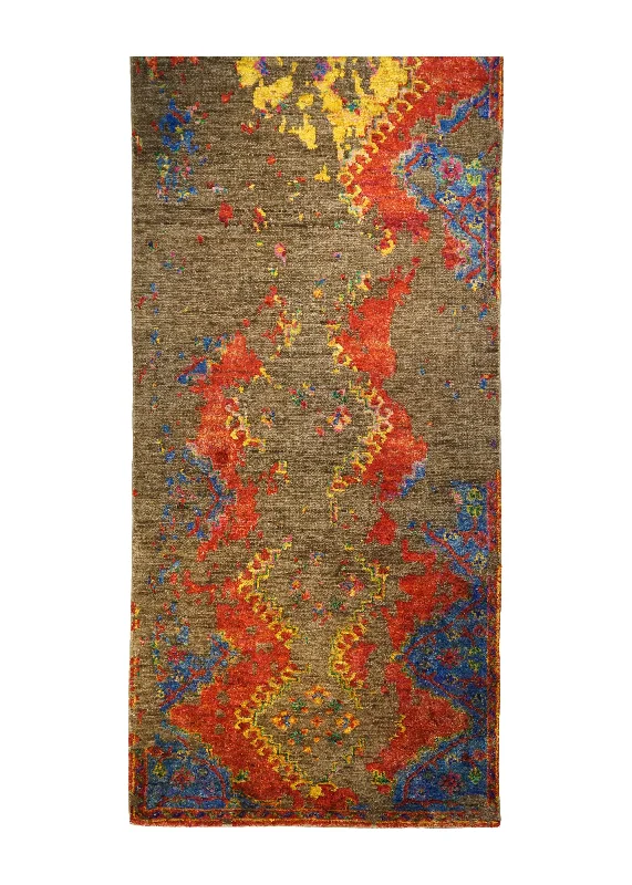 Oriental Rug Indian Handmade Runner Transitional Modern 4'1"x16'3" (4x16) Red Brown Multi-color Geometric Erased Abstract Design #A31797