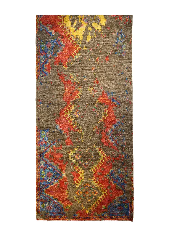 Oriental Rug Indian Handmade Runner Transitional Modern 3'11"x16'1" (4x16) Red Brown Multi-color Geometric Erased Abstract Design #A31798