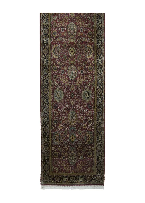 Oriental Rug Indian Handmade Runner Transitional Traditional 2'11"x12'6" (3x13) Red Black Green Tea Washed Floral Design #A30758