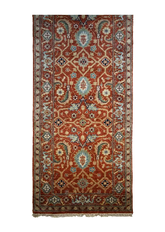 Oriental Rug Indian Handmade Runner Transitional Tribal 2'8"x12'1" (3x12) Red Geometric Heriz Design #A31065