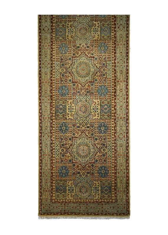 Oriental Rug Indian Handmade Runner Transitional Tribal 2'7"x12'4" (3x12) Yellow/Gold Green Mamluk Geometric Design #A31175