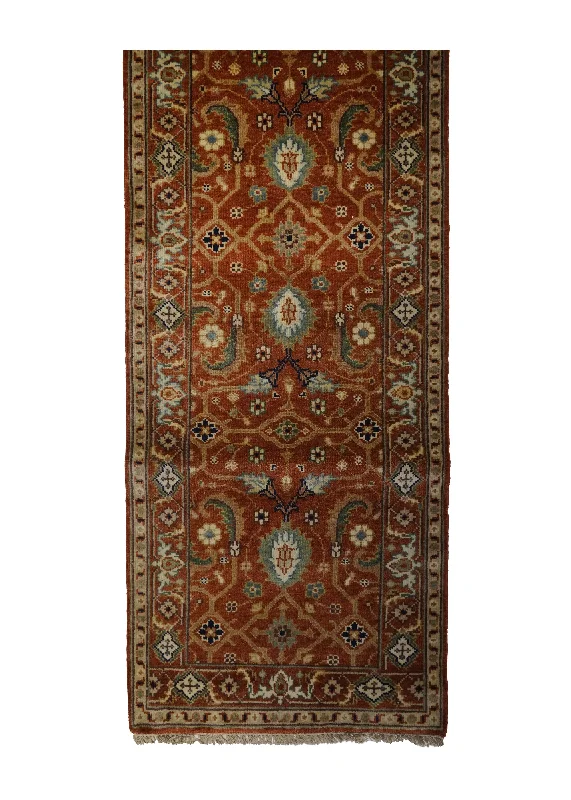 Oriental Rug Indian Handmade Runner Transitional Tribal 2'7"x8'1" (3x8) Red Geometric Heriz Design #A31063