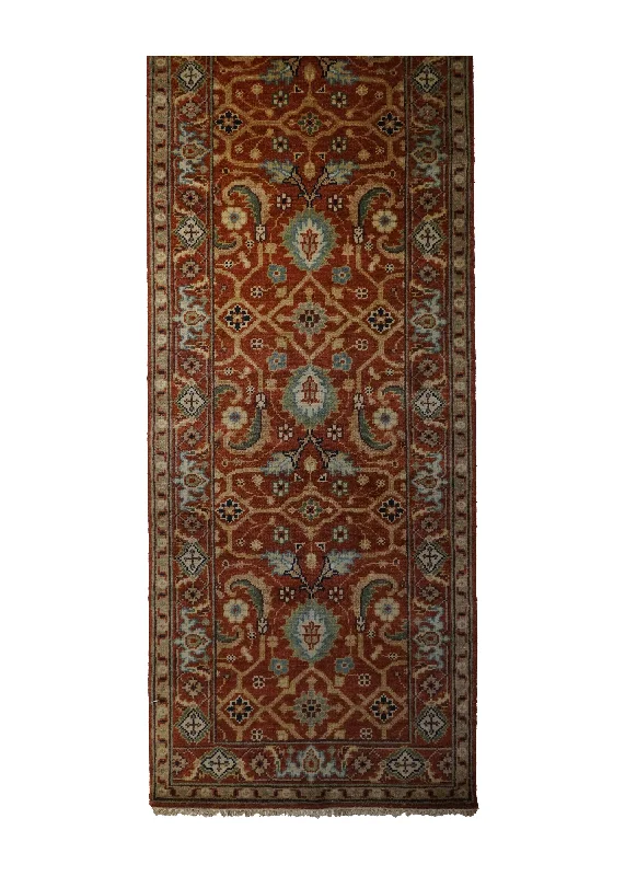 Oriental Rug Indian Handmade Runner Transitional Tribal 2'7"x7'11" (3x8) Red Geometric Heriz Design #A31064