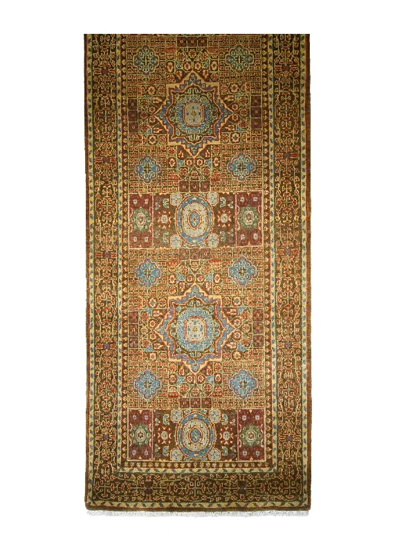 Oriental Rug Indian Handmade Runner Transitional Tribal 2'7"x8'11" (3x9) Brown Green Mamluk Geometric Design #A31174