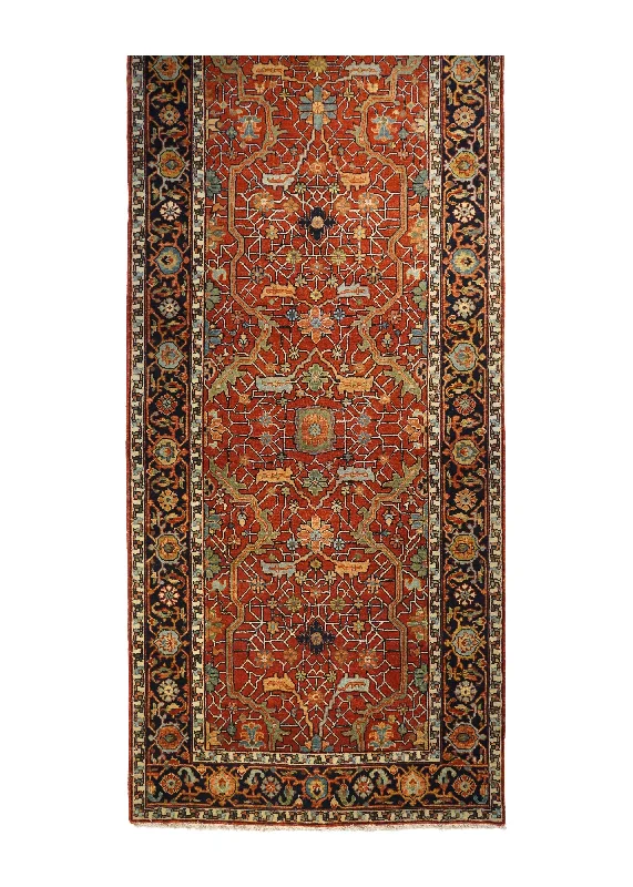 Oriental Rug Indian Handmade Runner Transitional Tribal 4'0"x18'3" (4x18) Red Geometric Heriz Design #A30592