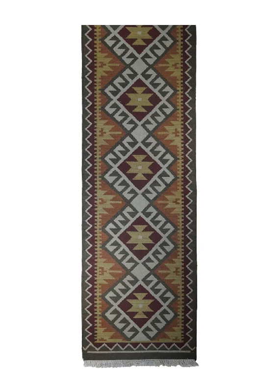 Oriental Rug Indian Handmade Runner Tribal 2'6"x9'11" (3x10) Multi-color Green Dhurrie Tea Washed Geometric Design #A31094