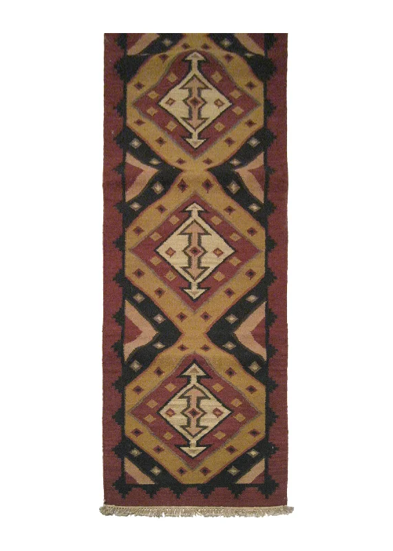 Oriental Rug Indian Handmade Runner Tribal 2'7"x9'9" (3x10) Multi-color Red Yellow/Gold Dhurrie Tea Washed Geometric Design #A19274