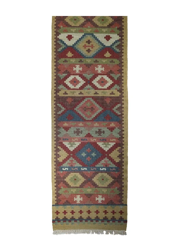 Oriental Rug Indian Handmade Runner Tribal 2'8"x11'11" (3x12) Multi-color Dhurrie Tea Washed Geometric Design #A31091