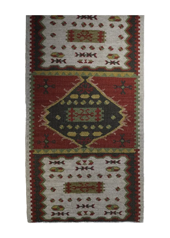 Oriental Rug Indian Handmade Runner Tribal 3'1"x5'10" (3x6) Multi-color Whites/Beige Red Dhurrie Tea Washed Geeta Geometric Design #A32117