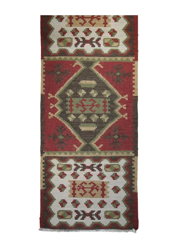 Oriental Rug Indian Handmade Runner Tribal 2'7"x6'8" (3x7) Multi-color Red Dhurrie Tea Washed Geometric Design #A31093