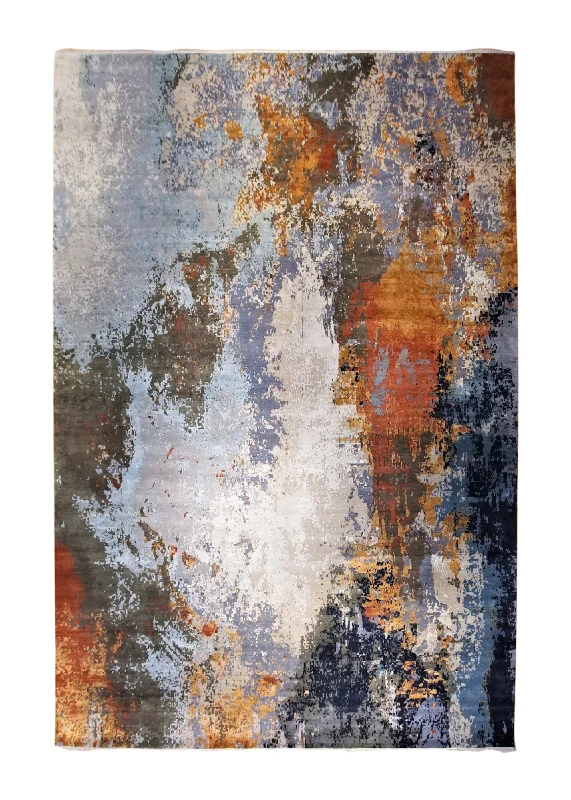 Oriental Rug Indian Handmade Area Modern 12'0"x18'5" (12x18) Blue Orange Red Abstract Splatter Design #A34660