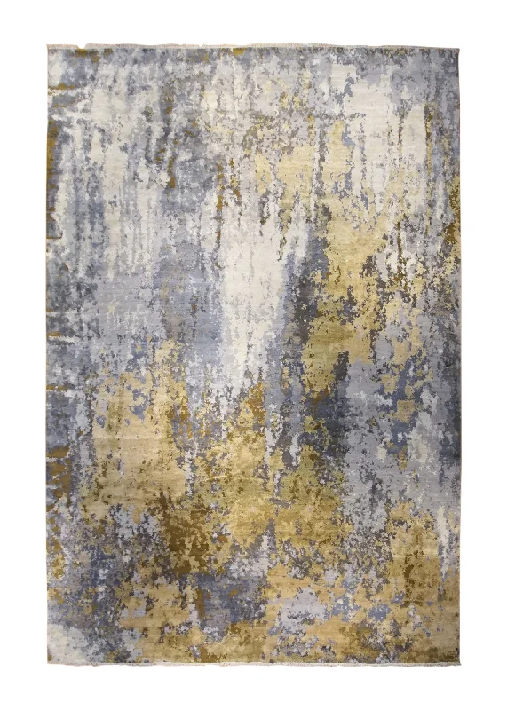 Oriental Rug Indian Handmade Area Modern 12'1"x18'3" (12x18) Whites/Beige Yellow/Gold Abstract Splatter Design #A34665