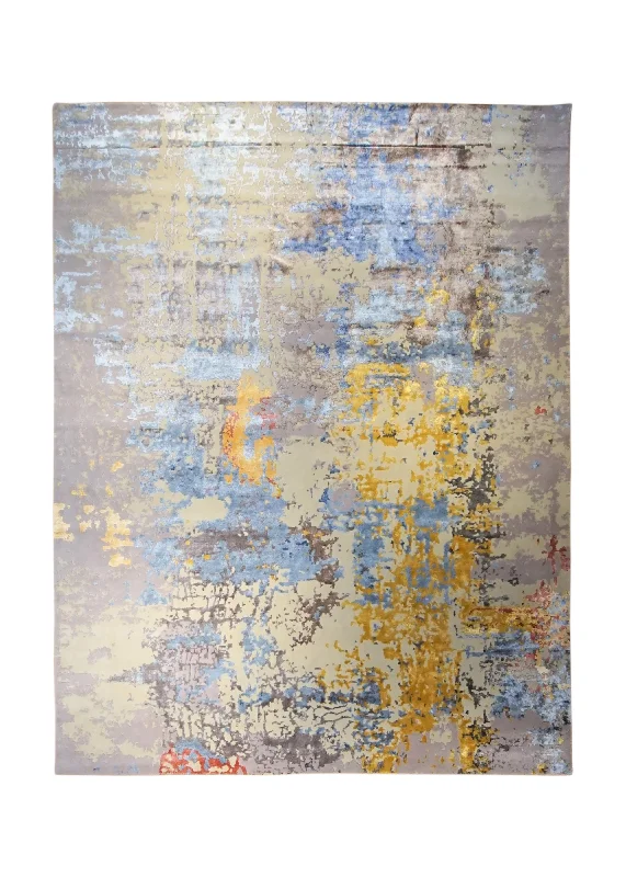 Oriental Rug Indian Handmade Area Modern 9'4"x12'1" (9x12) Yellow/Gold Whites/Beige Blue Abstract Splatter Design #A34664