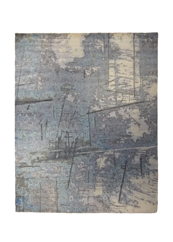 Oriental Rug Indian Handmade Area Modern Neutral 7'10"x9'10" (8x10) Blue Gray Abstract Crackle Design #A34406